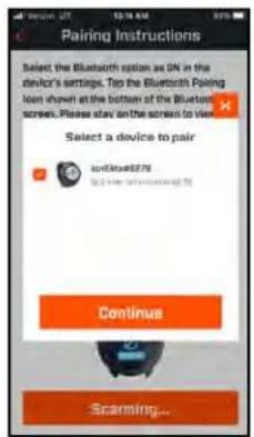 Paoing Instructions Select the Bluetooth option as ON in the device's settings. Top the Bluetooth Paoing load shown at the bottom of the Bluetooth screens. Please stay on the screen to view. Select a device to pair IoT6005879 to a device named@ioT6005879 Continue Scanning...