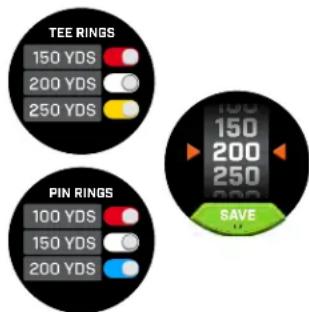 TEE RINGS 150 YDS 200 YDS 250 YDS PIN RINGS 100 YDS 150 YDS 200 YDS 150 200 250 SAVE
