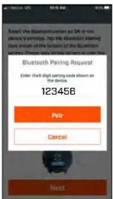 Enter the Bluetooth version as IIN in the device's patches. Top the Bluetooth Parling code shown on the factum of the Bluetooth access. These may be used to join the Bluetooth Parling Request Enter the 8-digit parling code shown on the device. 123456 Pair Cancel Next