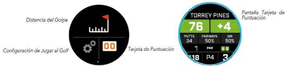 Distancia del Golpe Configuración de Jugar al Golf Tarjeta de Puntuación TORREY PINES 76 +4 PUTTS FAIRWAYS GIR 34 50% 50% PAR 18 P4 3 Pantalla Tarjeta de Puntuación