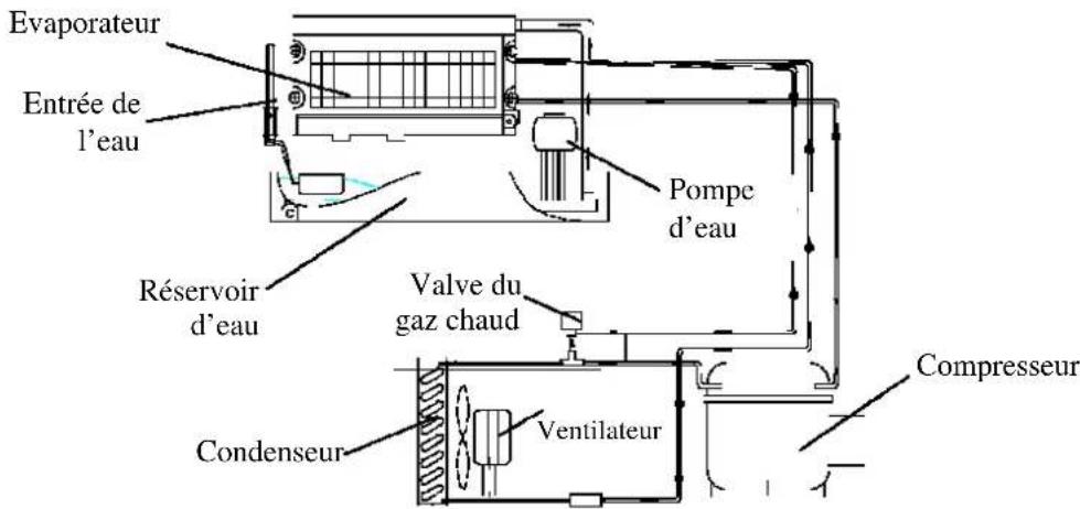 Evaporateur Entrée de l'eau Pompe d'eau Réservoir d'eau Valve du gaz chaud Condenseur Ventilateur Compresseur