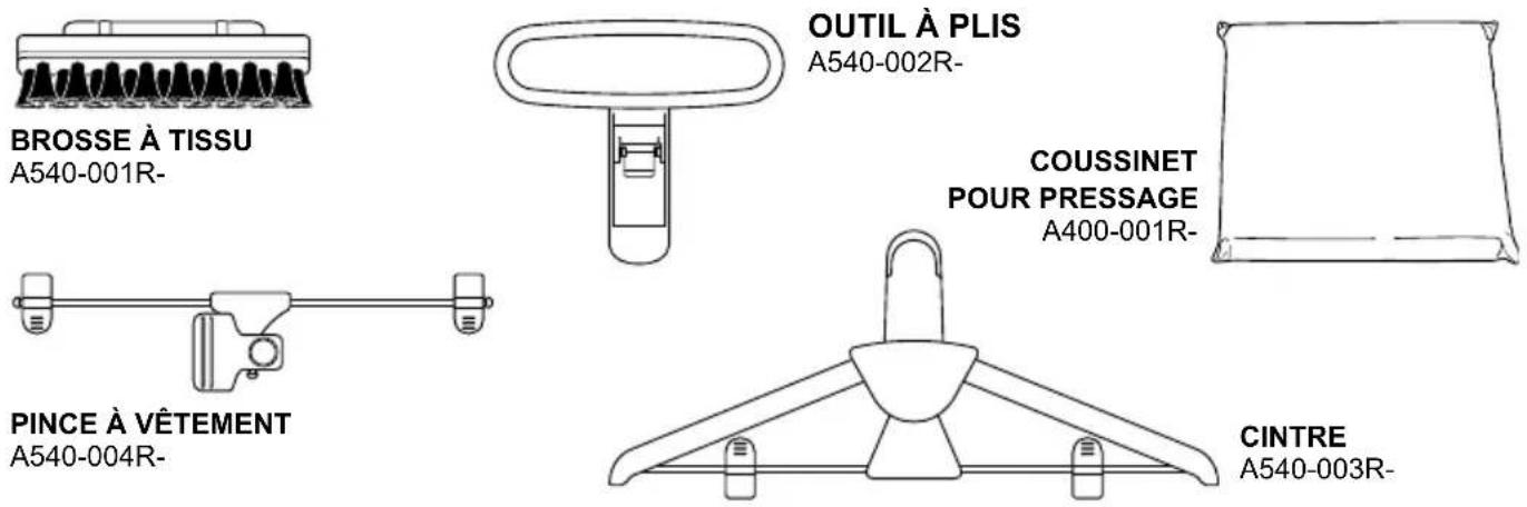 BROSSE À TISSU A540-001R- OUTIL À PLIS A540-002R- COUSSINET POUR PRESSAGE A400-001R- PINCÉ À VÊTEMENT A540-004R- CINTRE A540-003R-