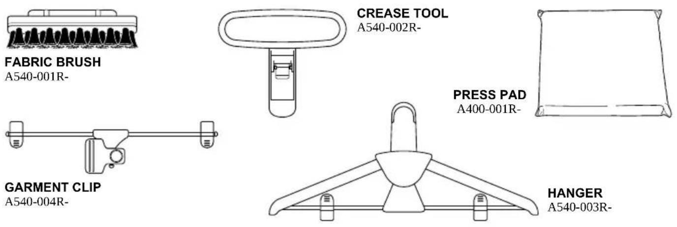 FABRIC BRUSH A540-001R- CREASE TOOL A540-002R- PRESS PAD A400-001R- GARMENT CLIP A540-004R- HANGER A540-003R-