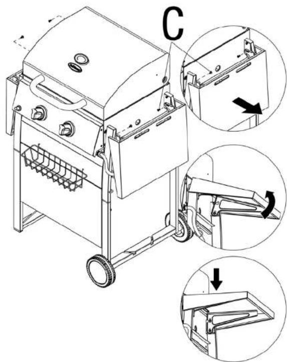 Technical diagram of a portable grill with labeled components and three-view views showing internal structure changes.