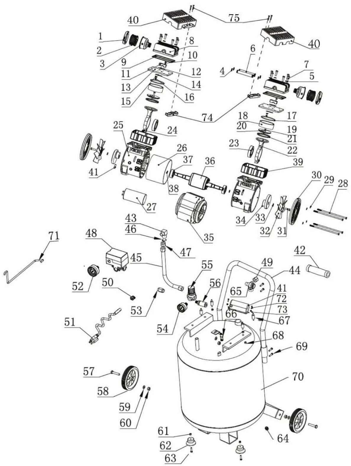 Exploded view diagram of a mechanical device with numbered parts for identification