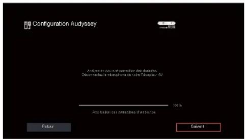 DENON AVR-S770H - Lorsque l'analyse et la sauvegarde sont terminées, débranchez le microphone d'étalonnage du son de la prise SETUP MIC de l'appareil principal puis appuyez sur "Suivant". - 1