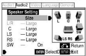Audio1 Audio2 Video Language General Speaker Setting Size L/R — Large C — Large LS — Large RS — Large SW — On L C R SW LS RS Return ENTER SelectD 437F Exit