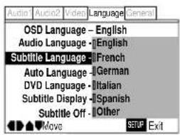 Audio Audio2 Video Language General OSD Language - English Audio Language - English Subtitle Language - French Auto Language - German DVD Language - Italian Subtitle Display - Spanish Subtitle Off - Other Move SETUP Exit