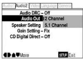 Audio Audio2 Video Language General Audio DRC - Off Audio Out 12 Channel Speaker Setting 5.1 Channel Gain Setting - Fix CD Digital Direct - Off Move SETUP Exit