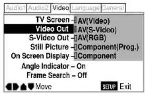 Audio1 Audio2 Video Language General TV Screen - AV(Video) Video Out - AV(S-Video) S-Video Out - AV(RGB) Still Picture - Component(Prog.) On Screen Display - Component Angle Indicator - On Frame Search - Off Move SETUP Exit