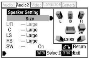 Audio1 Audio2 Video Language General Speaker Setting Size L/R — Large C — Large LS — Large RS — Large SW — On L C R SW LS RS Return ENTER SelectD SETUP Exit