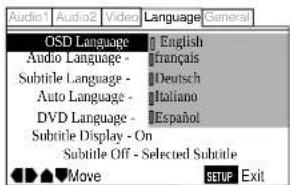 Audio1 Audio2 Video Language General OSD Language English Audio Language - français Subtitle Language - Deutsch Auto Language - Italiano DVD Language - Español Subtitle Display - On Subtitle Off - Selected Subtitle Move SETUP Exit