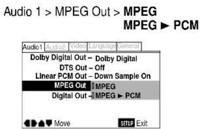 Audio 1 > MPEG Out > MPEG MPEG ▶ PCM Audio1 Audio2 Video Language General Dolby Digital Out - Dolby Digital DTS Out - Off Linear PCM Out - Down Sample On MPEG Out - |MPEG Digital Out - |MPEG ▶ PCM Move SETUP Exit