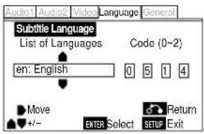 Audio1 Audio2 Video Language General Subtitle Language List of Languages Code (0~2) en: English 0 5 1 4 Move ENTER Select SETUP Return Exit