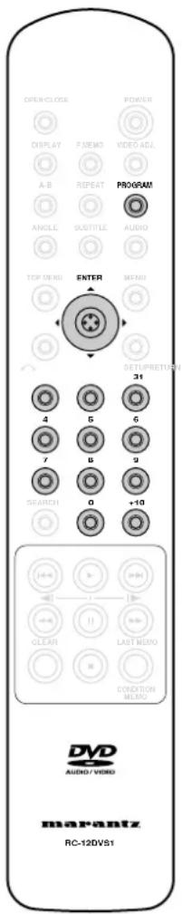 OPEN/CLOSE DISPLAY A-B ANGLE SUBTITLE POWER VIDEO ADJ. PROGRAM AUDIO TOP MENU ENTER MENU 31 SETUPRETURN 4 5 6 7 8 9 SEARCH 0 +10 DVD AUDIO / VIDEO MARANTZ RC-12DVS1