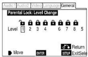 Audio1 Audio2 Video Language General Parental Lock: Level Change Level 1 2 3 4 6 7 8 5 Move ENTER SETUP Return ExitSele