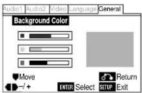 Audio1 Audio2 Video Language General Background Color Move -/+ ENTER Select SETUP Exit Return