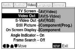 Audio1 Audio2 Video Language General TV Screen - AV(Video) Video Out - AV(S-Video) S-Video Out - AV(RGB) Still Picture - Component(Prog.) On Screen Display - Component Angle Indicator - On Frame Search - Off Move SETUF Exit