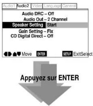 Audio1 Audio2 Video Language General Audio DRC - Off Audio Out - 2 Channel Speaker Setting Start Gain Setting - Ffx CD Digital Direct - Off Move ENTER SETUP ExitSelect Appuyez sur ENTER