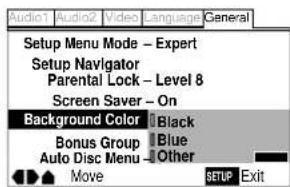 Setup Menu Mode - Expert Setup Navigator Parental Lock - Level 8 Screen Saver - On Background Color Black Bonus Group Blue Auto Disc Menu Other Move SETUP Exit
