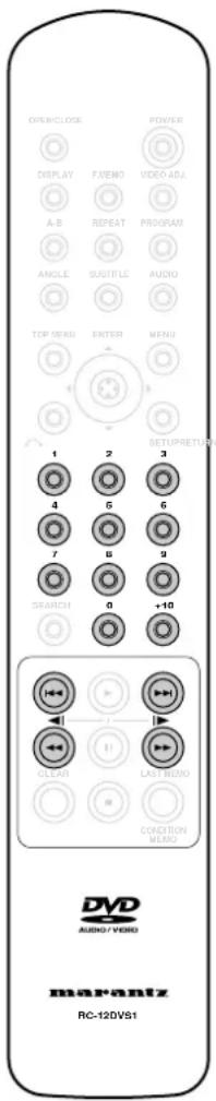 OPENCLOSE DISPLAY A-B ANGLE TOP MENU POWER VIDEO AREA REPEAT AUDIO AUDIO MENU MENU 1 2 3 4 5 6 7 8 9 SEARCH 0 +10 SETUPRETURN 1 2 3 4 5 6 7 8 9 10 CLEAR LAST RADIO CONDITION MENU DVDAUDIO / VIDEO marantz RC-12DVSI