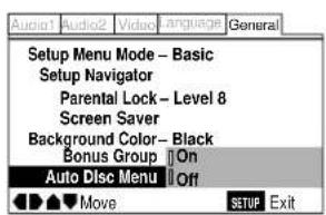 Setup Menu Mode - Basic Setup Navigator Parental Lock - Level 8 Screen Saver Background Color - Black Bonus Group On Auto Disc Menu Off Move SETUP Exit