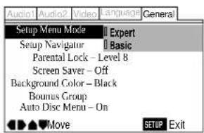 Audio Audio2 Video Language General Setup Menu Mode Expert Setup Navigator Basic Parental Lock - Level B Screen Saver - Off Background Color - Black Bounus Group Auto Disc Menu - On Move SETUP Exit