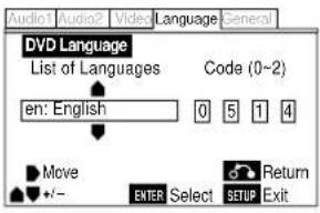DVD Language List of Languages Code (0~2) en: English 0 5 1 4 Move +/- ENTER Select SETUP Exit