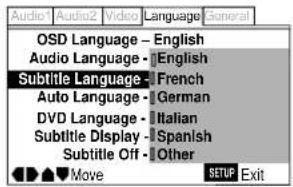 Audio Audio2 Video Language General OSD Language - English Audio Language - English Subtitle Language - French Auto Language - German DVD Language - Italian Subtitle Display - Spanish Subtitle Off - Other Move SETUP Exit