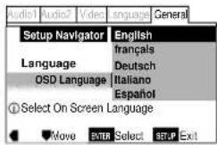 Setup Navigator English Language français Deutsch OSD Language Italiano Español ① Select On Screen Language Move ENTER Select SETUP Exit