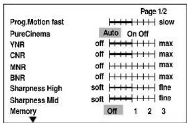 Prog.Motion fast PureCinema YNR CNR MNR BNR Sharpness High Sharpness Mid Memory Page 1/2 Auto On Off off max off max off max off max soft fine soft fine Off 1 2 3