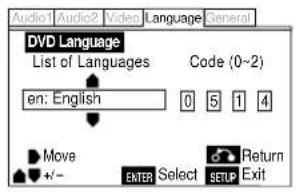 Audio Audio2 Video Language General DVD Language List of Languages Code (0~2) en: English 0 5 1 4 Move +/- ENTER Select SETUP Return Exit