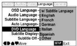 Audio1 Audio2 Video Language General OSD Language - w/ Subtitle Language Audio Language - English Subtitle Language - French Auto Language- German DVD Language Italian Subtitle Display- Spanish Subtitle Off - Other Move SETUP Exit
