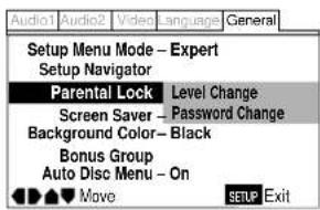 Setup Menu Mode - Expert Setup Navigator Parental Lock Level Change Screen Saver - Password Change Background Color - Black Bonus Group Auto Disc Menu - On Move SETUP Exit