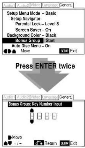 Setup Menu Mode - Basic Setup Navigator Parental Lock - Level 8 Screen Saver - On Background Color - Black Bonus Group Start Auto Disc Menu - On Move SETUP Exit Press ENTER twice Bonus Group: Key Number Input Move + /- Return SETUP Exit
