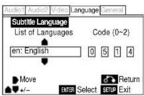 Audio Audio2 Video Language General Subtitle Language List of Languages Code (0~2) en: English 0 5 1 4 Move ENTER Select SETUP Exit