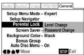 Setup Menu Mode - Expert Setup Navigator Parental Lock Level Change Screen Saver - Password Change Background Color - Black Bonus Group Auto Disc Menu - On Move SETUP Exit