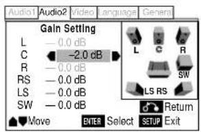 Audio1 Audio2 Video Language General Gain Setting L — 0.0 dB C ● -2.0 dB R — 0.0 dB RS — 0.0 dB LS — 0.0 dB SW — 0.0 dB Move ENTER Select SETUP Exit