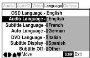 Audio - Audio2 - Video - Language General OSD Language - English Audio Language - English Subtitle Language - French Auto Language - German DVD Language - Italian Subtitle Display - Spanish Subtitle Off - Other Move SETUP Exit