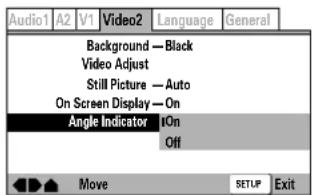 Audio1 A2 V1 Video2 Language General Background — Black Video Adjust Still Picture — Auto On Screen Display — On Angle Indicator | On Off Move SETUP Exit
