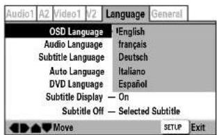 Audio1 A2 Video1 V2 Language General OSD Language English Audio Language français Subtitle Language Deutsch Auto Language Italiano DVD Language Español Subtitle Display — On Subtitle Off — Selected Subtitle Move SETUP Exit