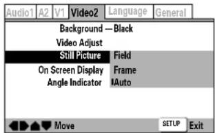 Audio1 A2 V1 Video2 Language General Background — Black Video Adjust Still Picture Field On Screen Display Frame Angle Indicator IAuto Move SETUP Exit