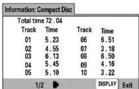 Information: Compact Disc Total time 72.04 Track Time Track Time 01 5.23 06 6.51 02 4.55 07 3.18 03 6.13 08 6.50 04 5.45 09 4.16 05 5.10 10 3.22 1/2 ▶ DISPLAY Exit