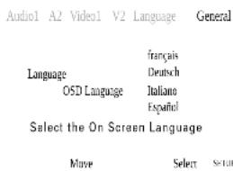 Audio1 A2 Vide1 V2 Language General Language français OSD Language Deutsch Italiano Español Select the On Screen Language Muve Select Setur