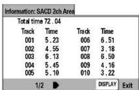 Information: SACD 2ch Area Total time 72.04 Track Time Track Time 001 5.23 006 6.51 002 4.55 007 3.18 003 6.13 008 6.50 004 5.45 009 4.16 005 5.10 010 3.22 1/2 ▶ DISPLAY Exit