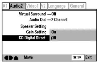 A1 Audio2 Video1 V2 Language General Virtual Surround — Off Audio Out — 2 Channel Speaker Setting Gain Setting On CD Digital Direct Off Move SETUP Exit