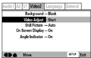 Audio1 A2 V1 Video2 Language General Background — Black Video Adjust Start Still Picture — Auto On Screen Display — On Angle Indicator — On Move SETUP Exit
