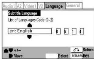 Audio1 A2 Video1 V2 Language General Subtitle Language List of Languages Code (0-2) en: English 0 5 1 +/- Return Move Select SETUP/Exit