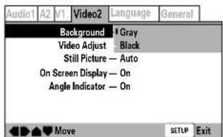 Audio1 A2 V1 Video2 Language General Background # Gray Video Adjust Black Still Picture — Auto On Screen Display — On Angle Indicator — On Move SETUP Exit