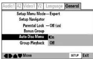 Audio1 A2 Video1 V2 Language General Setup Menu Mode—Expert Setup Navigator Parental Lock — Off (us) Bonus Group Auto Disc Menu On Group Playback Off Move SETUP Exit